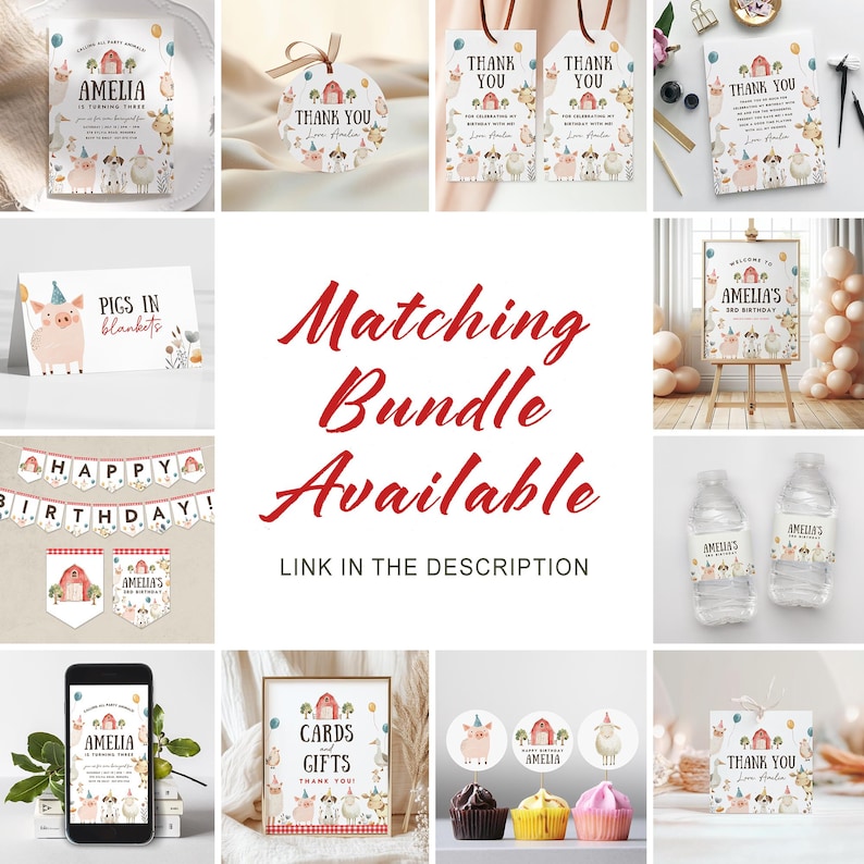 May include: A collection of party supplies with a farm animal theme. Includes invitations, thank you tags, a banner, water bottle labels, and cupcake toppers. The text "Matching Bundle Available" is displayed in red.