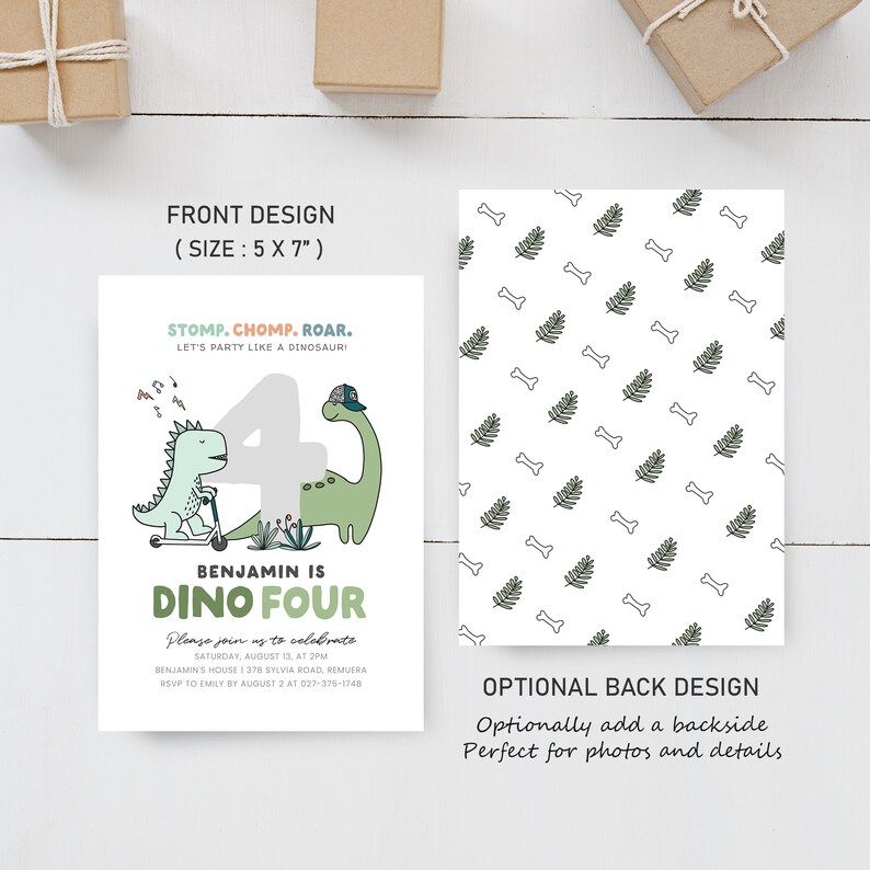 May include: A dinosaur-themed birthday invitation for a 4-year-old boy named Benjamin. The invitation features a green dinosaur riding a scooter and a larger green dinosaur with a blue hat. The text reads "Stomp. Chomp. Roar. Let's party like a dinosaur! Benjamin is Dino Four. Please join us to celebrate Saturday, August 13, at 2 PM. Benjamin's House 378 Sylvia Road, Remuera. RSVP to Emily by August 2 at 027-375-1748."
