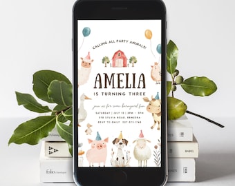 Editable Farm Birthday E-invite, Barnyard Party invitation for Phone, Cute Farm Animals Invite Template, Instant Download, #H053