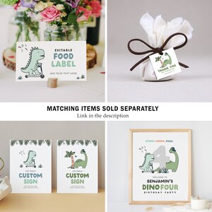 May include: Editable printable dinosaur birthday party signs and labels. The signs feature a green dinosaur riding a scooter with a green, white, and brown color scheme. The text on the signs reads "Editable Custom Sign" and "Editable Food Label".