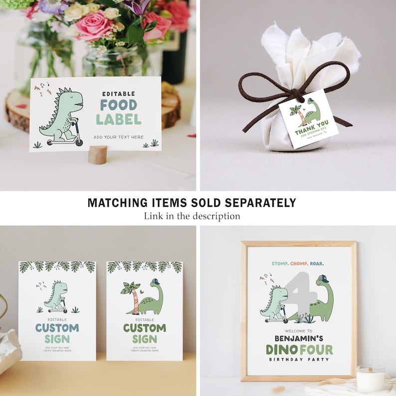 May include: Editable printable dinosaur birthday party signs and labels. The signs feature a green dinosaur riding a scooter with a green, white, and brown color scheme. The text on the signs reads "Editable Custom Sign" and "Editable Food Label".