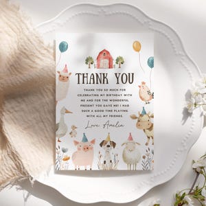 Tarjeta de agradecimiento por cumpleaños de granja, nota de agradecimiento por fiesta en el corral, linda tarjeta con animales de granja, plantilla editable/imprimible, descarga instantánea, n.° H053