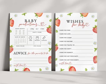 Tarjetas de felicitación para baby shower con temática de fresas: Predicciones, consejos y deseos para el bebé: Plantilla editable/imprimible (descarga instantánea) #S073