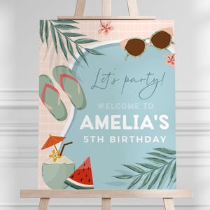 Bewerkbaar welkomstbord verjaardagsfeestje zwembad, welkomstbord zwemfeest, zomerverjaardag meisje, instant download, afdrukbare sjabloon, #H057