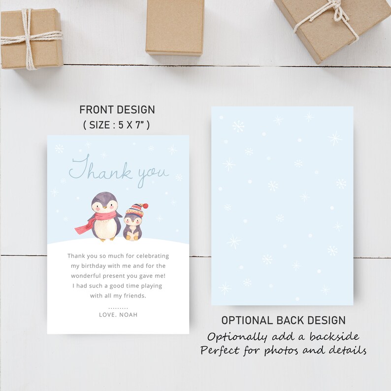 Editable Penguin Birthday Thank You Card Christmas Party Etsy