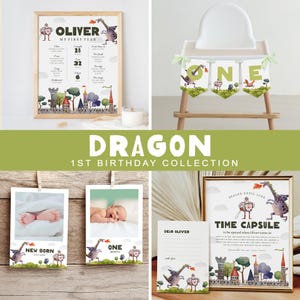 Pacote de aniversário de dragão, coleção de festa de dragão e cavaleiro, decoração de primeiro aniversário de menino, download instantâneo, modelo editável/imprimível, #H031