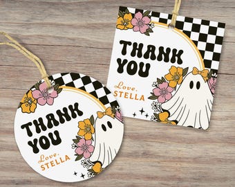 May include: Two gift tags with a retro design. One is round, the other square. Both have the words "THANK YOU" in bold, black letters, with "Love. STELLA" below. A ghost with a bow and flowers decorates each tag, with a black and white checkered pattern.