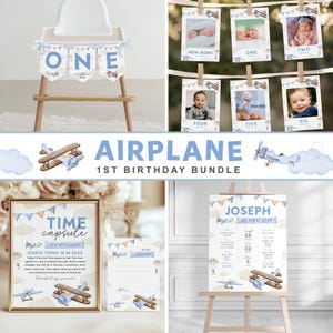 Pacote de 1º aniversário de avião, coleção de festa temática de piloto, decoração de 1º aniversário de menino, download instantâneo, modelo editável/para impressão, #H059