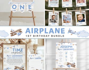 May include: A blue and brown airplane themed 1st birthday party printable bundle. The bundle includes a time capsule, a first year milestone poster, a banner, and photo cards. The text on the time capsule says "Time Capsule To Be Opened When Joseph Turns 18 in 20XX".