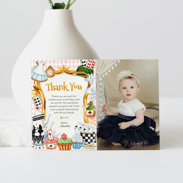 Editable Alice in Wonderland Photo Thank You Card, Tea Party Thank You Note, Girl Birthday, Printable Template, Instant Download, #H029