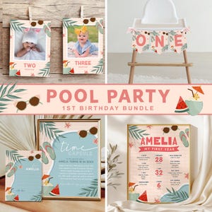 Pacote de festa de aniversário na piscina, coleção de festa na piscina, decoração de aniversário de 1 ano no verão, download instantâneo, modelo editável/imprimível, #H057