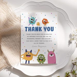 Monster Geburtstag Dankeskarte, kleine Monster Party Dankeschön Note, Junge Geburtstag, bearbeitbare / druckbare Vorlage, Sofort Download, #H017