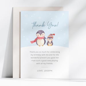 Tarjeta de agradecimiento por el cumpleaños de un pingüino, nota de agradecimiento por la fiesta de Navidad, tarjeta de cumpleaños de invierno, plantilla editable/imprimible, descarga instantánea, n.° H008