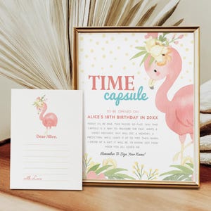 Flamingo Geburtstag Zeitkapsel Zeichen, Flamingo Nachrichtenkarten, Mädchen 1. Geburtstag Aktivität, Sofort Download, bearbeitbare / druckbare Vorlage
