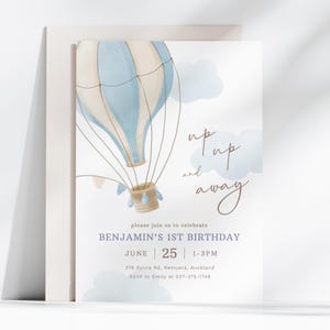 Verjaardagsuitnodiging heteluchtballon, aquarel heteluchtballon uitnodigen, feestvarken, direct downloaden, bewerkbare/afdrukbare sjabloon, #H001