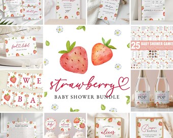 Paquete para baby shower con temática de fresas: Invitación y decoración (descarga instantánea, plantilla editable/imprimible) #S073