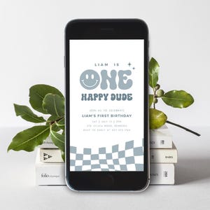 Editable ONE Happy Dude Birthday E-invite Template, Minimalist Happy Smiley Face Invite for Phone, Boy 1st Birthday, Instant Download, #H061