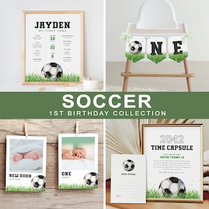 Pacote de 1º aniversário de futebol, coleção de festa temática de esportes, decoração de primeiro aniversário de menino, download instantâneo, modelo editável/imprimível, #H047