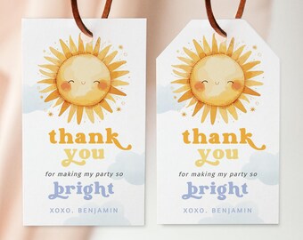 May include: Two gift tags with a smiling sun illustration. The tags read "thank you" in yellow, with the text "for making my party so bright" and "XOXO. BENJAMIN" in blue. Each tag has a brown string.