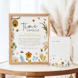 Signe de la capsule temporelle des abeilles, carte à message floral bohème, premier jour des abeilles, 1er anniversaire de la fille, téléchargement immédiat, modèle modifiable/imprimable, #H041