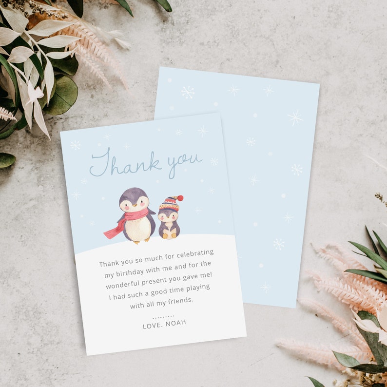 Editable Penguin Birthday Thank You Card Christmas Party Etsy