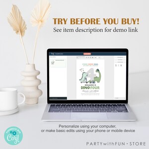 May include: A laptop computer screen displaying a digital invitation template for a dinosaur-themed birthday party. The invitation features a green dinosaur with a number four on its back, riding a scooter. The text on the invitation reads "Stomp, Chomp, Roar, Let's Party Like a Dinosaur! Benjamin is Dino Four".