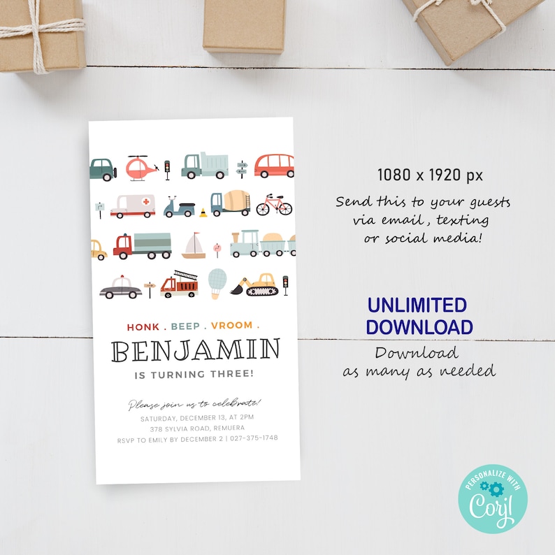 May include: A colorful birthday invitation featuring a variety of vehicles, including cars, trucks, a helicopter, a sailboat, and a construction vehicle. The invitation reads "Honk. Beep. Vroom. Benjamin is turning three!" and includes details for the party, including the date, time, and location.