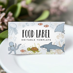 Etiqueta de comida para aniversário subaquático, cartão de lugar para festa com tema de oceano, aniversário subaquático, download instantâneo, modelo para impressão/editável, #H063
