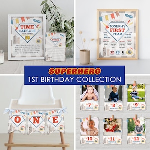 Bearbeitbare Superhelden 1st Birthday Bundle, Superheld Party Collection, 1. Jahr, Geburtstag Junge, Sofort Download, druckbare Vorlage, #H012