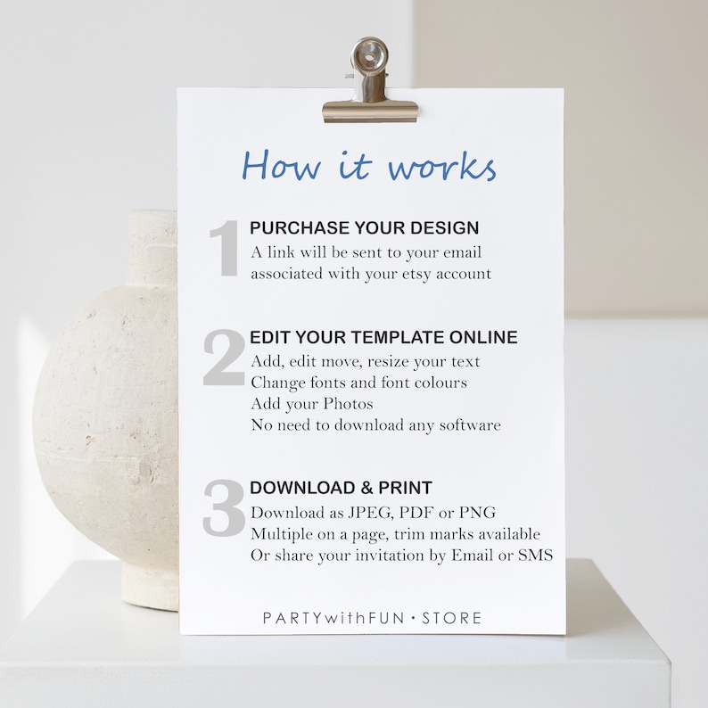 May include: A white card with blue text explaining how to purchase, edit, and download a printable design. The text reads "How it works", "Purchase your design", "Edit your template online", and "Download & print".