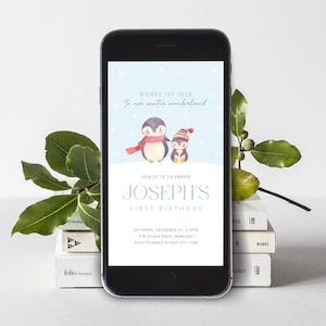 Bearbeitbare Pinguin Geburtstag E-Einladung, Weihnachten Digitale Einladung für Telefon, Winter Geburtstag einladen, Evite Vorlage, Sofort Download, #H008