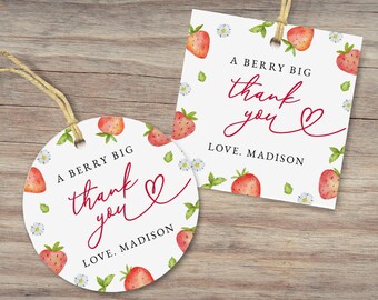 Strawberry Birthday Favor Tags : Berry First, 2x2", Editable/Printable template (Instant Download) #H073