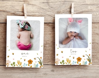 Bee Monthly Photo Banner, Boho Floral Milestone Photos, First BEE-day, Girl Birthday, Instant Download, Editable/Printable template, #H041