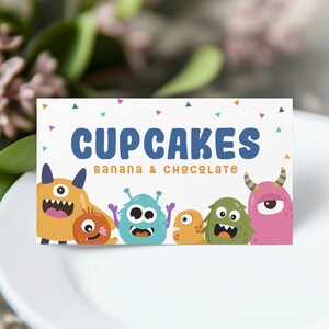 Monster Geburtstagsetikett, kleine Monsterparty, Name der Karte, gefaltete Tischkarte, sofortiger Download, bearbeitbare / druckbare Vorlage, #H017