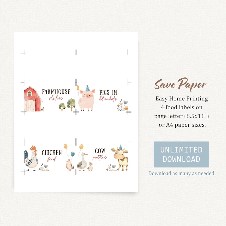 Farm Birthday Food Labels, Barnyard Party Folded Place Cards, Cute Farm ...