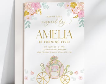 Princess Birthday Invitation, Princess Carriage Invite, Floral invite, Girl Birthday, Instant Download, Editable/Printable template, #H045