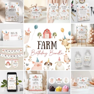 Lot anniversaire ferme, collection fête basse-cour, décoration d'anniversaire animaux de la ferme mignons, téléchargement immédiat, modèle modifiable/imprimable, #H053