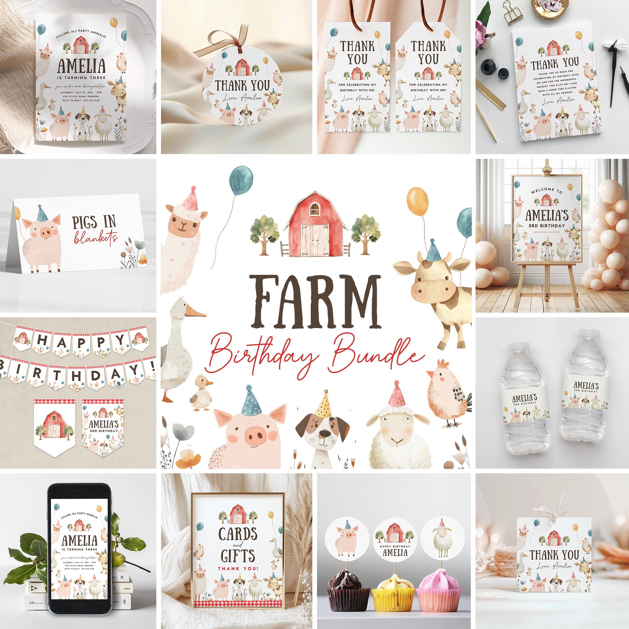 Farm Birthday Bundle, Barnyard Party Collection, Cute Farm Animals Birthday Decor, Instant Download, Editable/Printable template, #H053