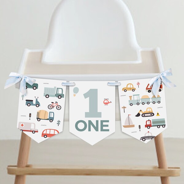 Editable Transportation ONE High Chair Banner, Transportation Bunting Banner, Boy 1st Birthday, Instant Download, Printable template, #H025