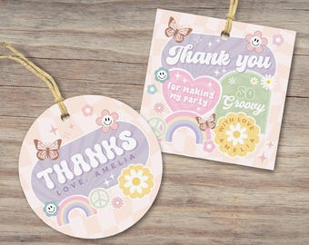 Groovy Girl Geburtstag Gastgeschenke, Rosa Retro Party Geschenkanhänger, Hippie Boho, Jedes Alter, 2x2, Sofort Download, bearbeitbare / druckbare Vorlage, #H062