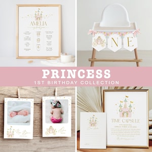 Pacote de aniversário de princesa, coleção de festa de dia mágico, decorações de aniversário de 1 ano para meninas, download instantâneo, modelo editável/imprimível, #H045