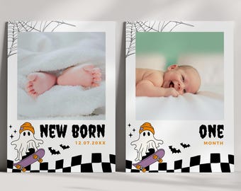 Boy Halloween Birthday Monthly Photo Banner, Spooky Party Milestone Photos, 1st Year, Instant Download, Editable/Printable template, #H066