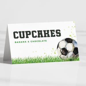 Étiquettes d'aliments d'anniversaire de football, marque-places pliés pour soirée à thème sportif, décoration d'anniversaire de garçon, téléchargement immédiat, modèle imprimable/modifiable, #H047