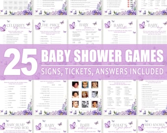 May include: A collection of 25 baby shower games, signs, tickets, and answers. The design features a purple floral and butterfly theme. The text includes "Baby Shower Games" and various game titles.