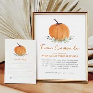 Signo editable de cápsula del tiempo de calabaza, tarjetas de mensajes de calabaza, primer cumpleaños de calabaza, cumpleaños de otoño, descarga instantánea, signo imprimible, #H007