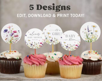 Adornos para cupcakes de baby shower "Baby in Bloom": Flores silvestres (Descarga instantánea, plantilla editable/imprimible) #S074