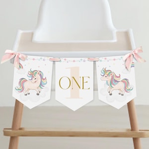 Unicorn Birthday ONE High Chair Banner, Magical Birthday Flag, Girl 1st Birthday Decor, Instant Download, Editable/Printable template, #H048