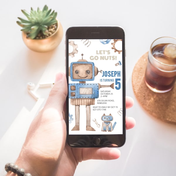 Editable Robot Birthday E-invitation, Robot Digital Invitation for Phone, Kids Birthday Evite, Let's go nuts, Instant Download, #H010