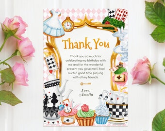 Editable Alice in Wonderland Birthday Thank You Card, Tea Party Thank You Note, Girl Birthday, Printable Template, Instant Download, #H029