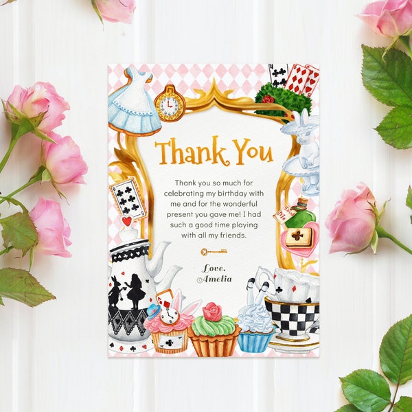 Editable Alice in Wonderland Birthday Thank You Card, Tea Party Thank You Note, Girl Birthday, Printable Template, Instant Download, #H029